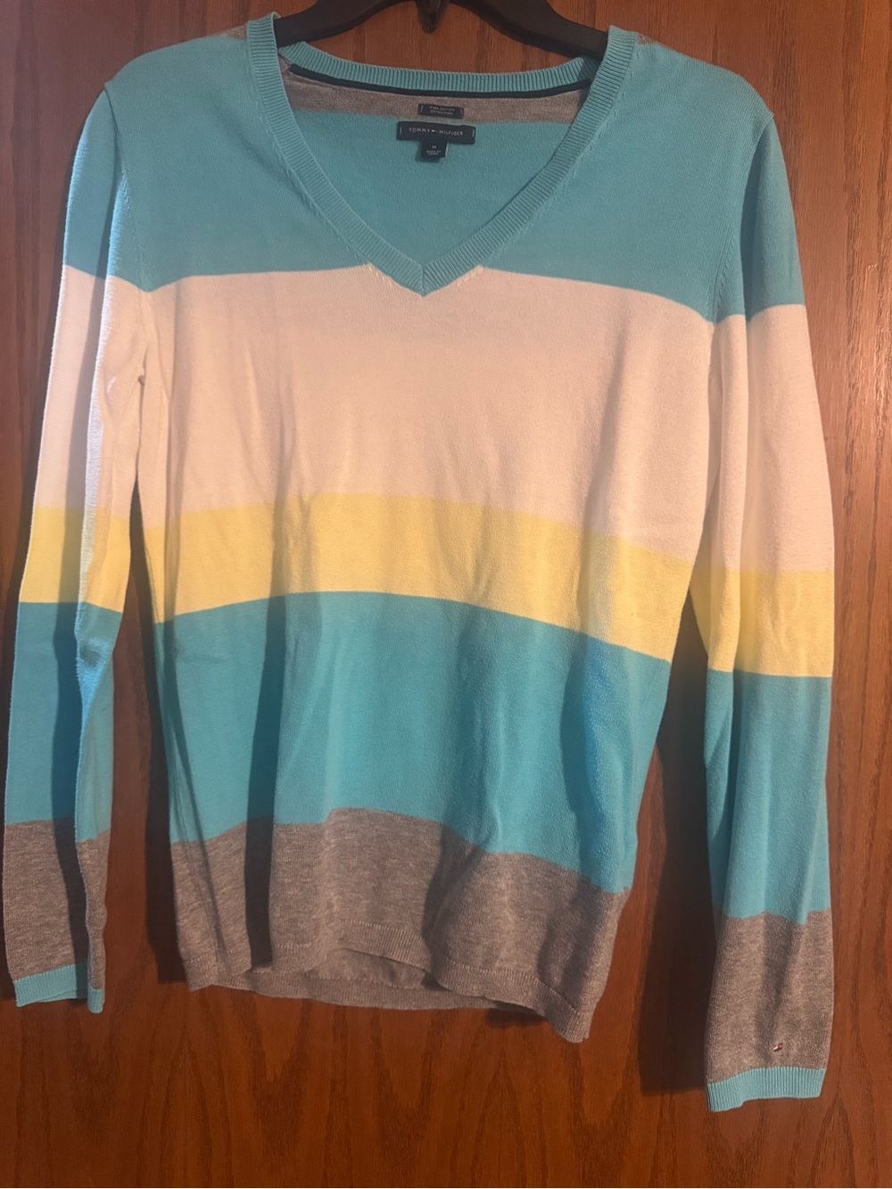 Tommy Hilfiger Men’s Aqua, White & Yellow Striped V-Neck Sweater